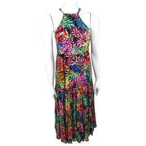 Molly Bracken Tropical Floral Halter Dress Midi Tiered Skirt Womens XS Black